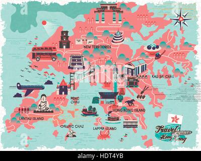 entzückenden Hong Kong Reise-Karte im flachen Stil Stock Vektor