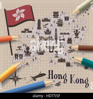 kreative Hongkong-Reise-Karte auf Briefpapier Stock Vektor