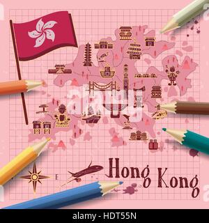 kreative Hongkong-Reise-Karte auf Briefpapier Stock Vektor