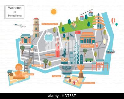 modische Hong Kong Reisekarte im flat Design Konzept Stock Vektor