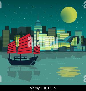 fantastische Victoria Harbour Nachtlandschaft im flat design Stock Vektor