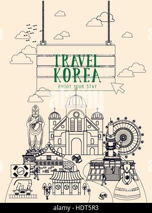kreative Südkorea Reisen Plakatgestaltung in dünne Linienstil Stock Vektor