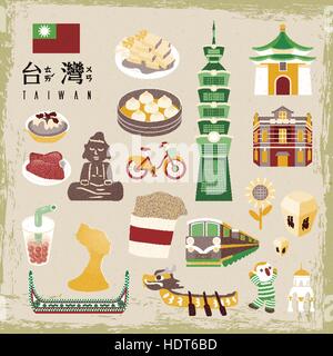 entzückende Taiwan Sammlung - Taiwan in chinesischen Wörter auf oben links und Segen Wort in chinesischer Sprache auf die Himmelslaterne Stock Vektor