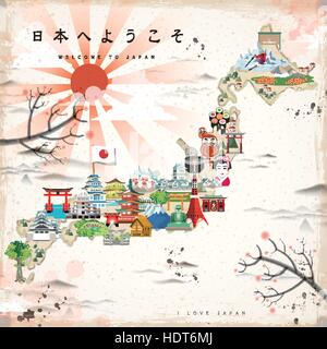 schöne Japan Reisekarte - willkommen nach Japan in japanischer Sprache oben links auf Stock Vektor