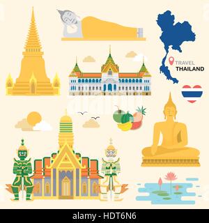 entzückende Thailand Travel Concept Kollektion inmitten einer flachen Stil Stock Vektor