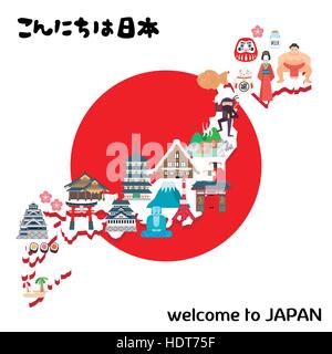 schöne Japan-Reise-Karte - Hallo Japan am oberen links und am glücklichen Katze in japanischen Wörtern gesegnet Stock Vektor