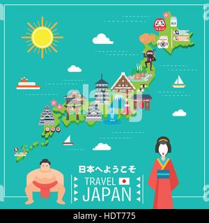 schöne Japan-Reise-Karte - Willkommen in Japan unten und Seligen auf glückliche Katze in japanischen Wörtern Stock Vektor