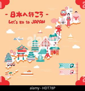 schöne Japan-Reise-Karte - nach Japan zu gehen und am glücklichen Katze in japanischen Wörtern gesegnet Stock Vektor