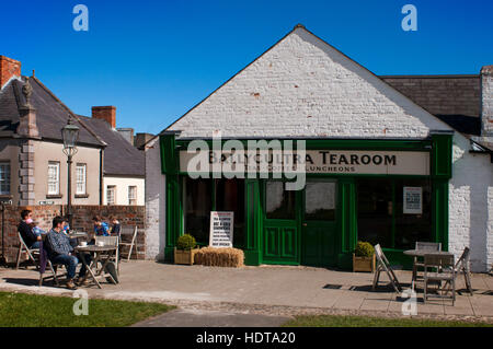 Ulster Folk and Transport Museum, Ballycultra Stadt, Belfast, Nordirland, England, UK. Tee Kaffee Mittagessen. Diese vier Häuser wurden in 187 gebaut. Stockfoto