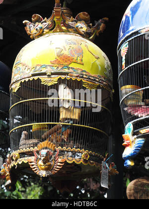 Vögel in Käfigen zum Verkauf an Vogelmarkt, Yogyacart Jawa Indonesien, beliebtes Touristenziel. Stockfoto