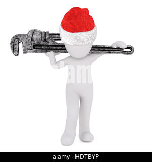 3D Toon in Santa Hut mit großen verstellbaren Schraubenschlüssel auf weißem Hintergrund Stockfoto