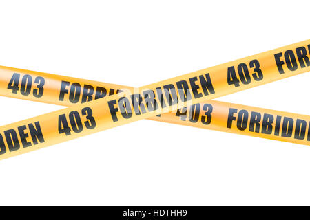 403 verboten Vorsicht Schranke Bänder, 3D-Rendering isolierten auf weißen Hintergrund Stockfoto