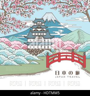 attraktive Japan reisen Poster mit Sakura - Japan reisen in japanischen Wörtern Stock Vektor