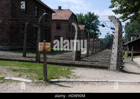 Warnzeichen mit dem Totenkopf als Warnung an Gefangenen nicht zu überqueren Sie den Stacheldraht in Auschwitz-Birkenau in Oswiecim, Polen Stockfoto