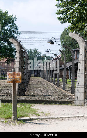 Warnzeichen mit dem Totenkopf als Warnung an Gefangenen nicht zu überqueren Sie den Stacheldraht in Auschwitz-Birkenau in Oswiecim, Polen Stockfoto