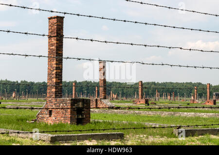 Die Überreste von Schornsteinen, die Teil der Gefängnisgebäude hinter hohen Widerhaken Drahtzäune in 11 Auschwitz-Birkenau in Oswiecim, Polen Stockfoto