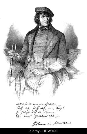 August Heinrich Hoffmann von Fallersleben, 1798-1874, ein deutscher Dichter, Holzschnitt aus dem Jahr 1880 Stockfoto