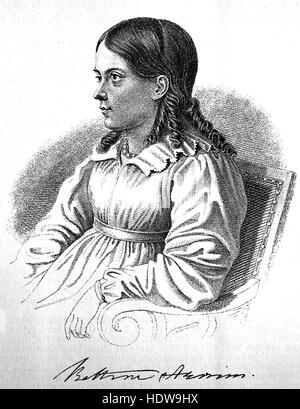 Bettina von Arnim, Gräfin von Arnim, geboren Elisabeth Catharina Ludovica Magdalena Brentano, 1785-1859, deutscher Schriftsteller und Romancier, Holzschnitt aus dem Jahr 1880 Stockfoto