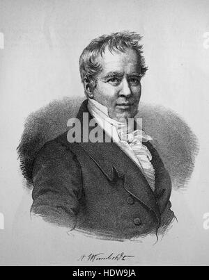 Friedrich Wilhelm Heinrich Alexander von Humboldt, 1769-1859, ein preußischer Geograph, Naturforscher, Explorer und einflussreiche Befürworter der romantischen Philosophie und Wissenschaft, Holzschnitt aus dem Jahr 1880 Stockfoto