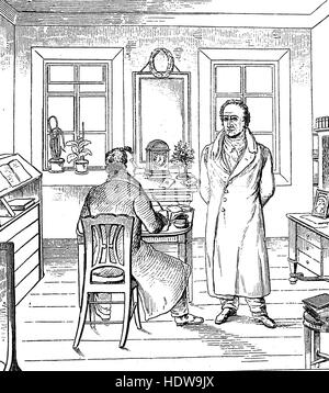 Johann Wolfgang von Goethe, 1749-1832, deutscher Schriftsteller und Staatsmann, in seiner Studie mit Sekretärin, Holzschnitt aus dem Jahr 1880 Stockfoto