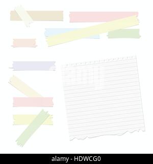 Gerissen, klebrige bunt Pastell, Klebeband und Hinweis, Notebook, regierte Kopie Buch Papierblatt Stock Vektor