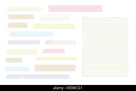Gerissen, klebrige bunt Pastell, Klebeband und Hinweis, Notebook, regierte Kopie Buch Papierblatt Stock Vektor