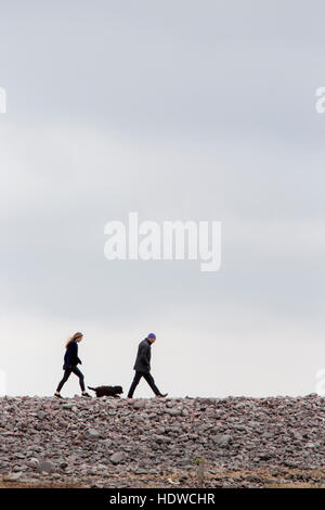 Ein paar, die ihren Hund auf einen Kiesel Strand, England, UK Stockfoto