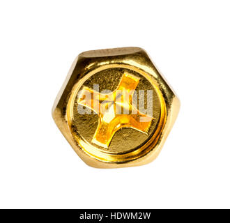 Gold Kopf Sechskantschraube isoliert auf weißem Hintergrund Stockfoto