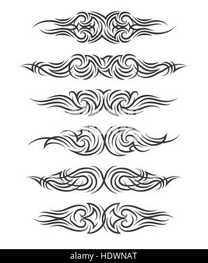 Tribal Tattoo Set. Sechs tribal Tattoo im Stil auf weißem Hintergrund. Vektor-Illustration. Stock Vektor