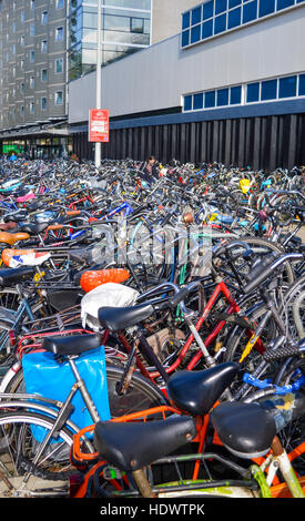 Amsterdam, Niederlande - 18.09.2015: große Fahrrad-Parken in der Innenstadt drängten sich wie gewohnt bei Tag Stockfoto