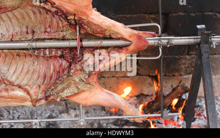 großen fettes Schweinefleisch am Spieß zubereitet, während ein Dorffest Stockfoto