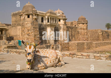 Dekorierte heilige Kuh liegend vor einem alten verfallenen Palast ((Pratap Palace) in Chittaugarh, Rajasthan, Indien. Stockfoto