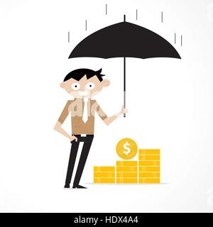 Manager, Büroangestellter oder Geschäftsmann mit dem Bart hält einen offenen Regenschirm über goldene Münzen. Konzept der Unternehmensversicherung. Vektor-flaches Design-illus Stock Vektor
