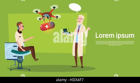 Medical Doctor Examinig Patient Klinik Drohne Medikamente Lieferung Medizin Krankenhausversorgung Stock Vektor
