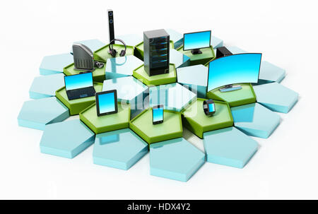 Netzwerk mit Pentagon-Fliesen, die Verbindung von elektronischen Geräten. 3D Illustration. Stockfoto