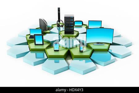 Netzwerk mit Pentagon-Fliesen, die Verbindung von elektronischen Geräten. 3D Illustration. Stockfoto