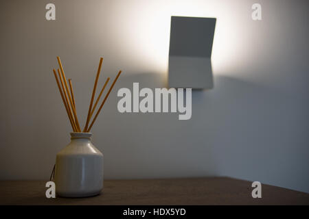 Ein Reed Diffuser Parfum sticks mit Flasche gegen eine Schatten-Licht Stockfoto