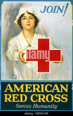 "Amerikanische Rote Kreuz dient Menschheit Join!" American Red Cross Mitgliedschaft Laufwerk Plakat zeigt eine rotes Kreuz Krankenschwester hält ein großes rotes Kreuz. Erstellten / veröffentlichten zwischen 1914 und 1918. Weltkrieg, 1914-1918 Stockfoto