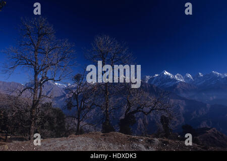 Panchchuli Gipfel, Uttarakhand, Indien: 13. Dezember 2006: Panoramablick vom Schnee bedeckt Panchchuli Gipfel, Aussicht vom Munsyari, Uttarakhand, Indien. Stockfoto