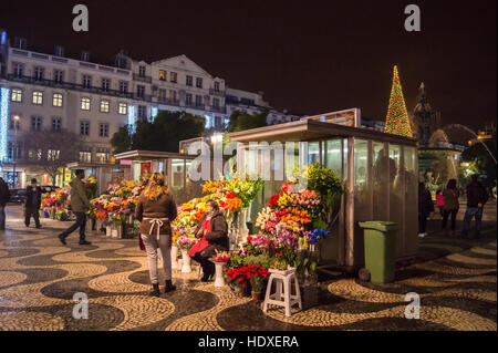 Blumenstände in der Praça Dom Pedro lV, Lissabon Portugal Stockfoto