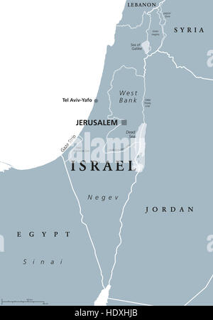 Israels politische Karte mit Hauptstadt Jerusalem und Nachbarn. Staates Israel, Land im Nahen Osten mit palästinensischen Gebieten. Stockfoto