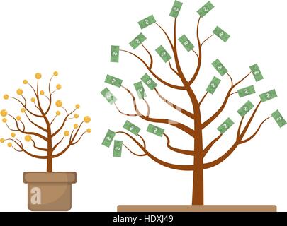 Baum mit Geld. Münzen und Dollar. Entwicklung, Wachstum, progressive Konzept. Flache Bauweise, isolierten weißen Hintergrund. Vektor-Illustration, ClipArt Stock Vektor