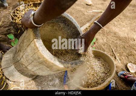 Landleben in einem Fulani-Dorf der Sahelzone im nordöstlichen Burkina Faso Stockfoto