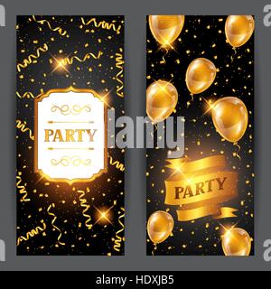 Feier Party Banner mit goldenen Ballons und Serpentin. Gruß, Einladungskarte oder flyer Stock Vektor