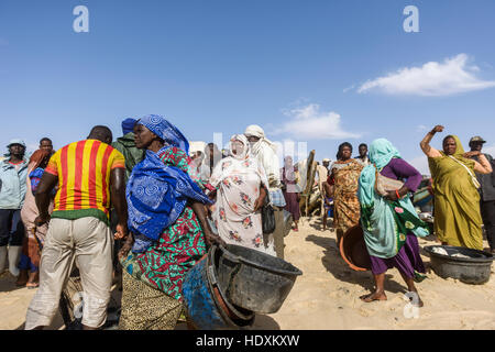 Fischer, Hausierer, Boote in Nouakchott des berühmten Fischmarkt Stockfoto