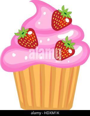 Süße Cupcakes, flache Cartoon-Stil. Kuchen mit Sahne und Erdbeeren. Isoliert auf weißem Hintergrund. Vektor-Illustration, ClipArt-Grafiken. Stock Vektor