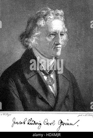 Jacob Ludwig Carl Grimm, 1785-1863, ein deutscher Philologe, Jurist und Mythologe, Holzschnitt aus dem Jahr 1882, Digital verbessert Stockfoto