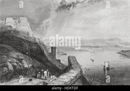 Ansicht von Koblenz aus Festung Ehrenbreitstein, Deutschland. 19. Jahrhundert Stahlstich von Lemaitre Direxit und Lalaisse. Stockfoto