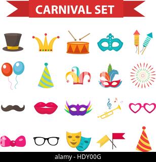 Party Icons, Gestaltungselement, flachen Stil. Karneval Accessoires, Requisiten, isoliert auf weißem Hintergrund. Maskerade-Sammlung. Vektor-Illustration, ClipArt-Grafiken. Stock Vektor