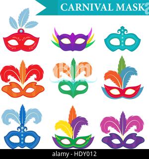 Maskerade Maske gesetzt, flachen Stil. Karneval-Sammlung isoliert auf weißem Hintergrund. Partei. Vektor-Illustration, ClipArt Stock Vektor